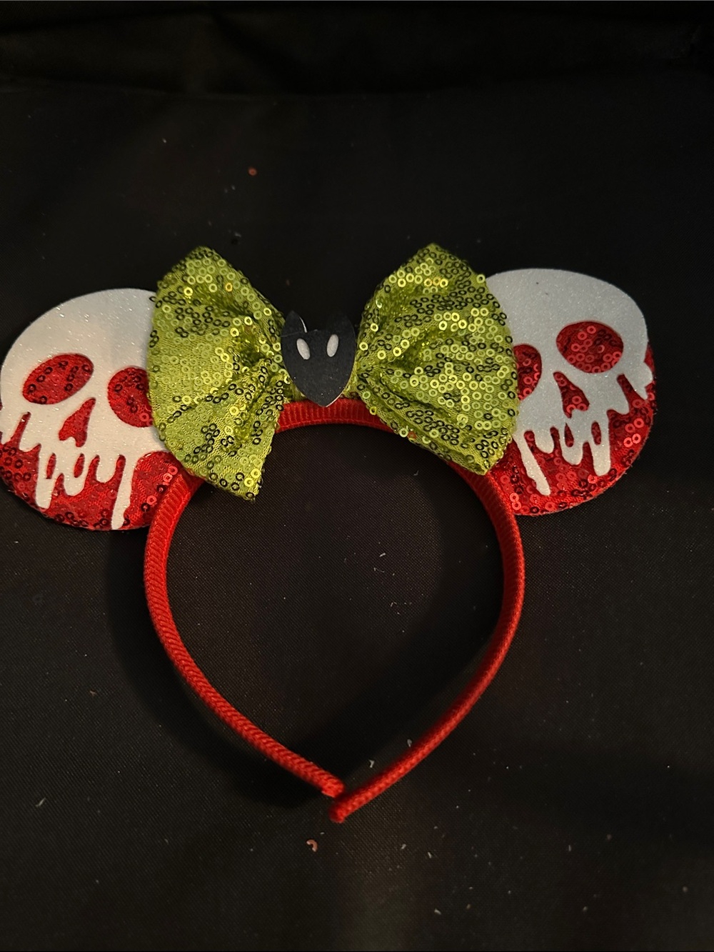 Kids Sequin Poison Apple Ear Headband - Green Bow, Red Accents